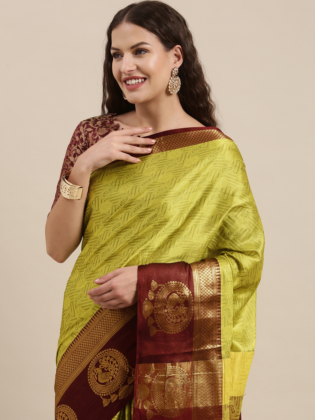 

Satrani Lime Green & Maroon Ethnic Motifs Woven Design Jacquard Silk Cotton Banarasi Saree