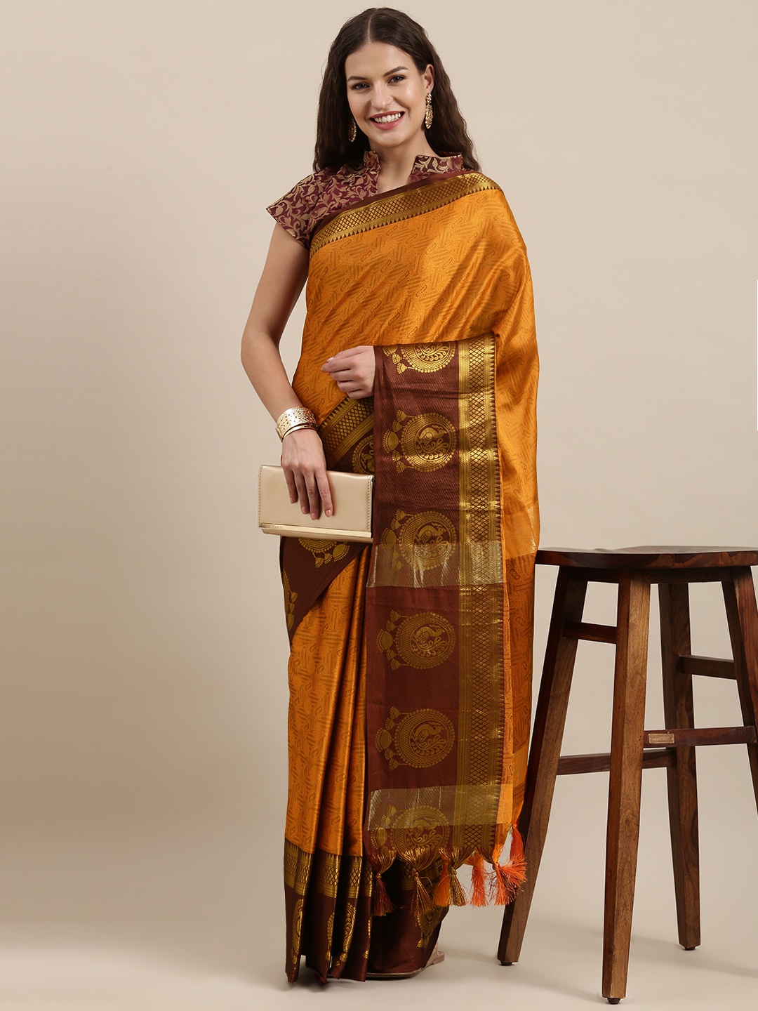 

Satrani Orange & Maroon Ethnic Motifs Woven Design Jacquard Silk Cotton Banarasi Saree
