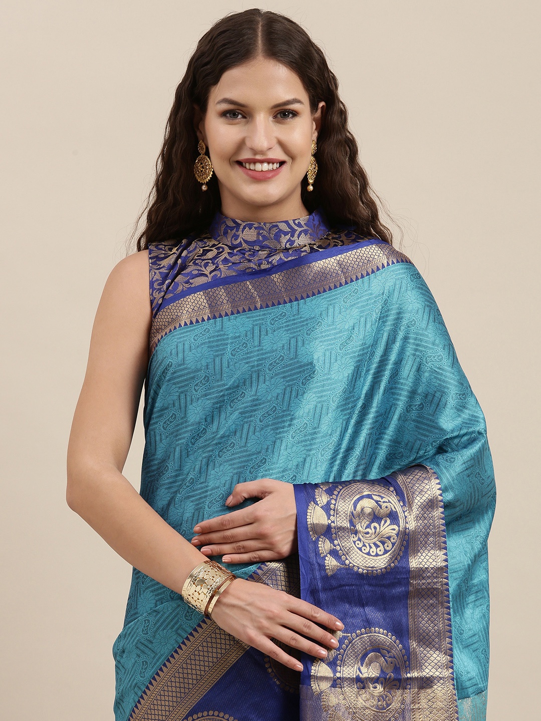

Satrani Blue & Gold-Toned Ethnic Motifs Woven Design Jacquard Silk Cotton Banarasi Saree