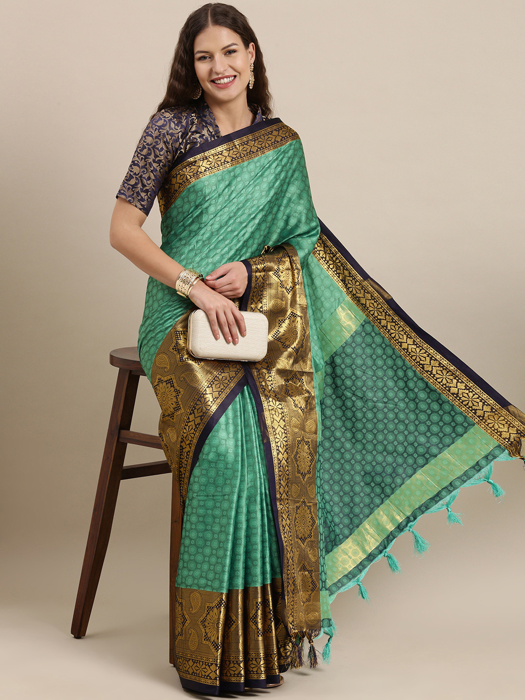 

Satrani Teal Green & Gold-Toned Ethnic Motifs Woven Design Silk Cotton Banarasi Saree