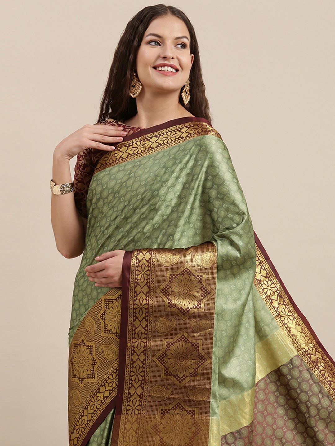 

Satrani Olive Green & Maroon Ethnic Motifs Woven Design Silk Cotton Banarasi Saree