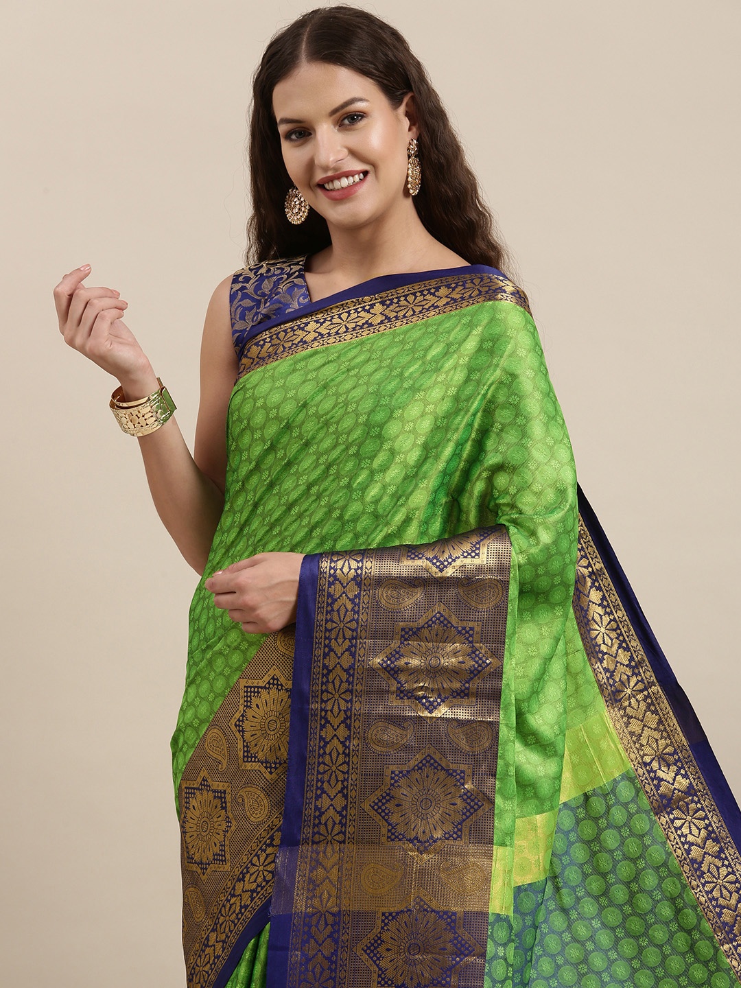 

Satrani Green & Blue Ethnic Motifs Woven Design Silk Cotton Banarasi Saree