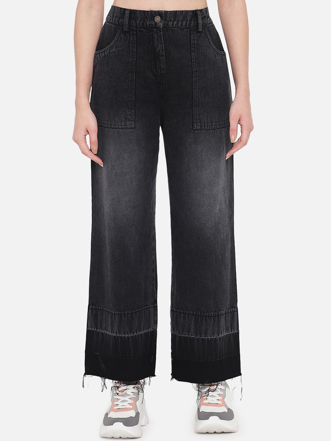 

Orchid Blues Women Black Flared High-Rise Heavy Fade Patch Raw Crop Hem Pure Cotton Jeans
