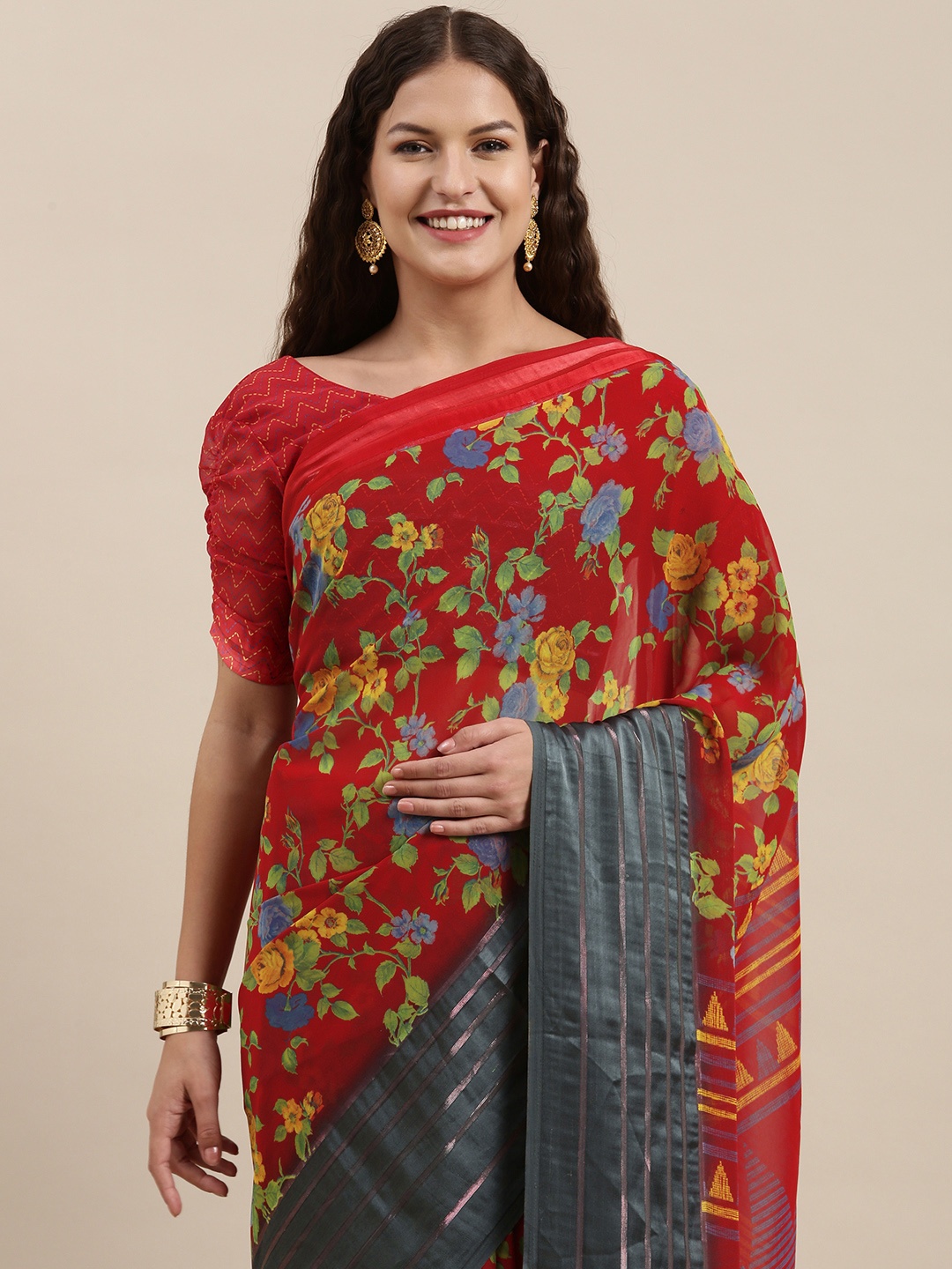 

Satrani Red & Orange Floral Print Pure Georgette Saree With Satin Border