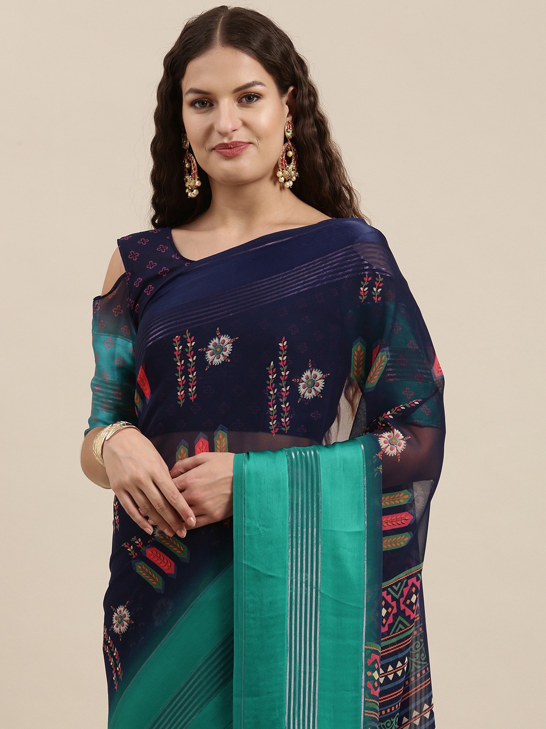 

Satrani Navy Blue Ethnic Motifs Printed Saree