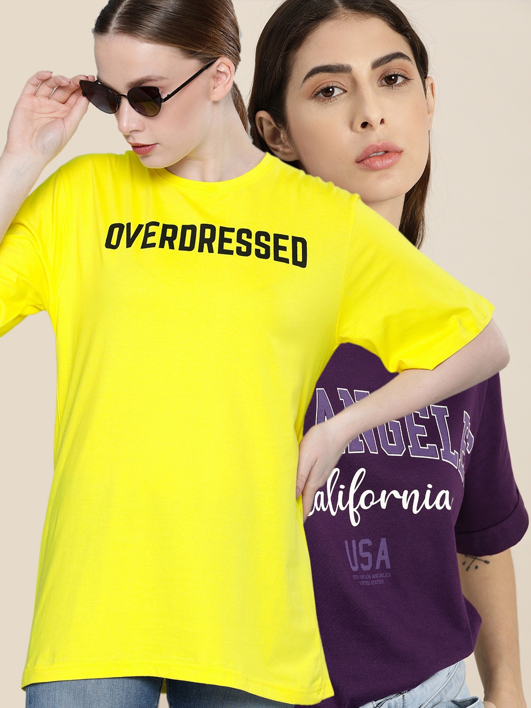 

DILLINGER Women Set Of 2 Purple & Yellow Printed Cotton Loose T-shirt