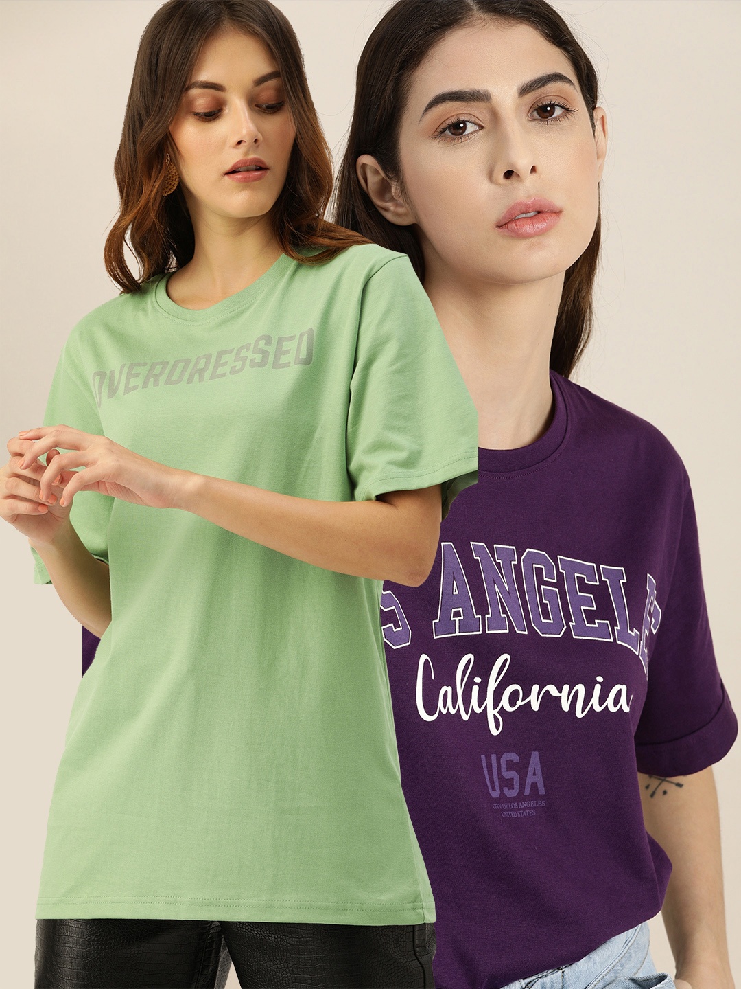 

DILLINGER Women Pack of 2 Typography Printed Pure Cotton Loose T-shirt, Purple