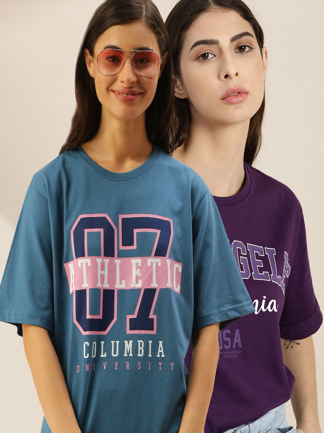 

DILLINGER Women Teal & Purple Printed Set Of 2 Pure Cotton Loose T-shirt