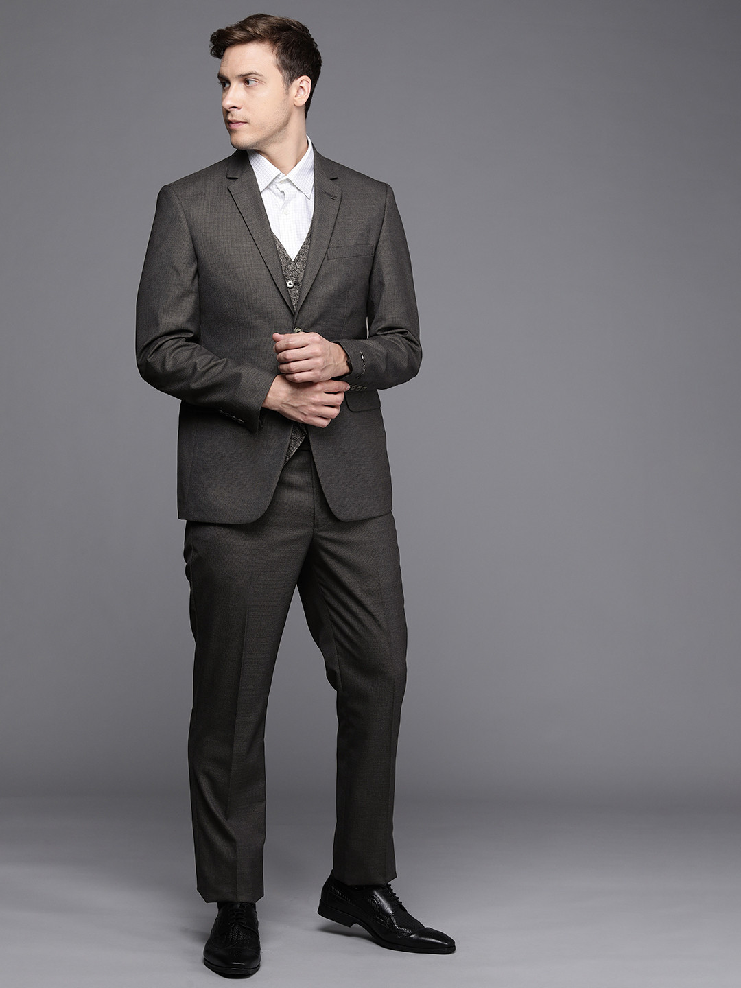 

Louis Philippe Men Grey Self-Design Slim-Fit Single-Breasted Formal 3 Piece Suit