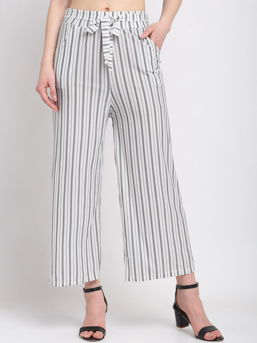 

KLOTTHE Women White & Grey Striped Palazzos