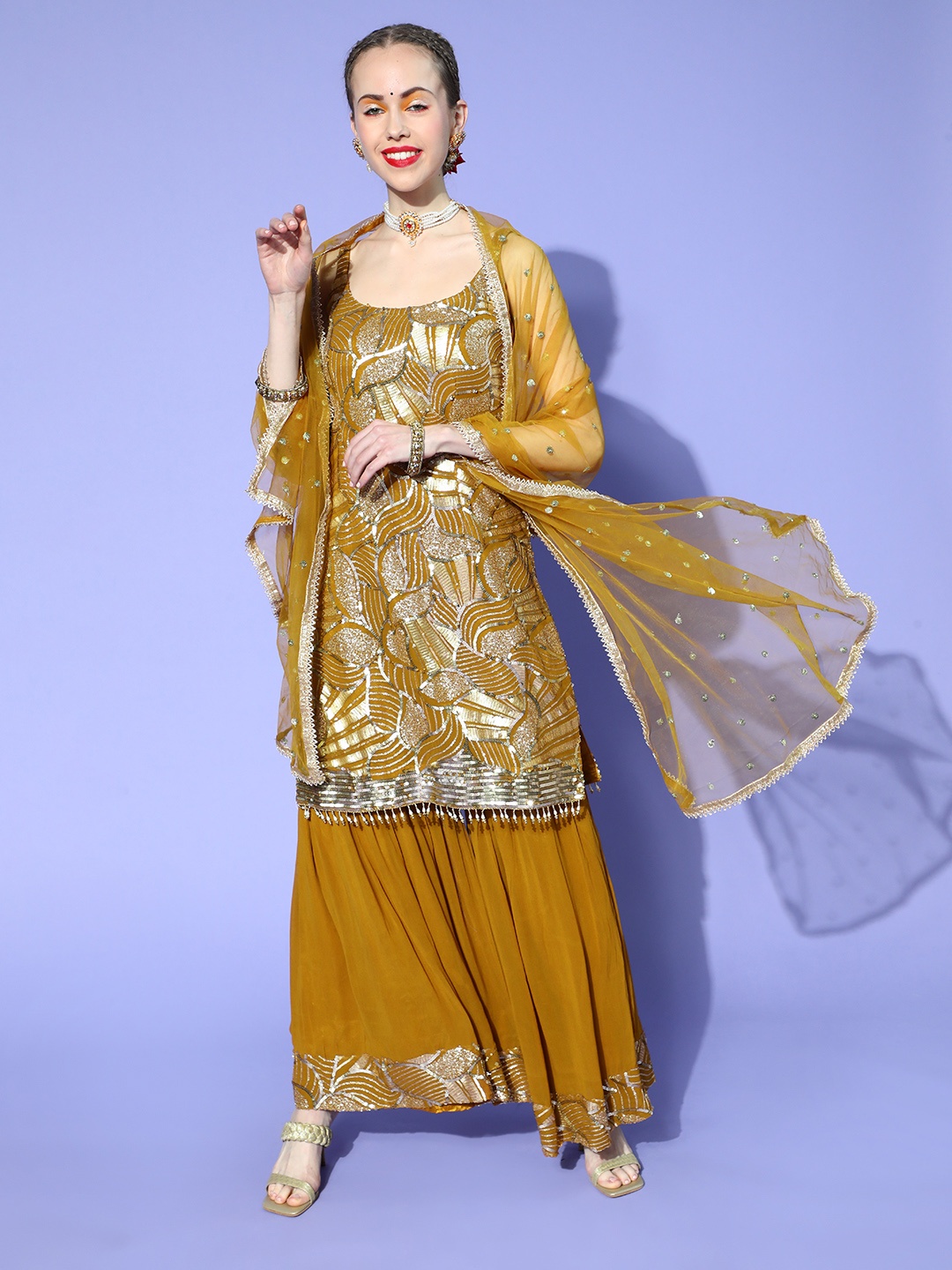 

Chhabra 555 Ethnic Motifs Poly Georgette Bling it On Kurta Set, Mustard