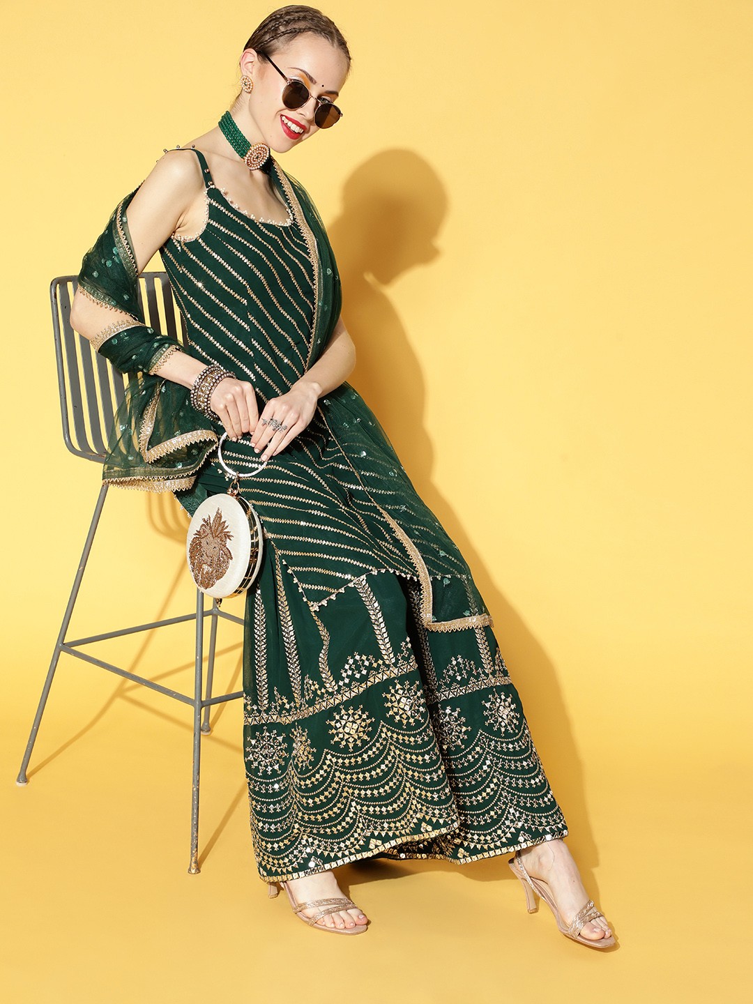 

Chhabra 555 Striped Poly Georgette Bling it On Kurta Set, Green
