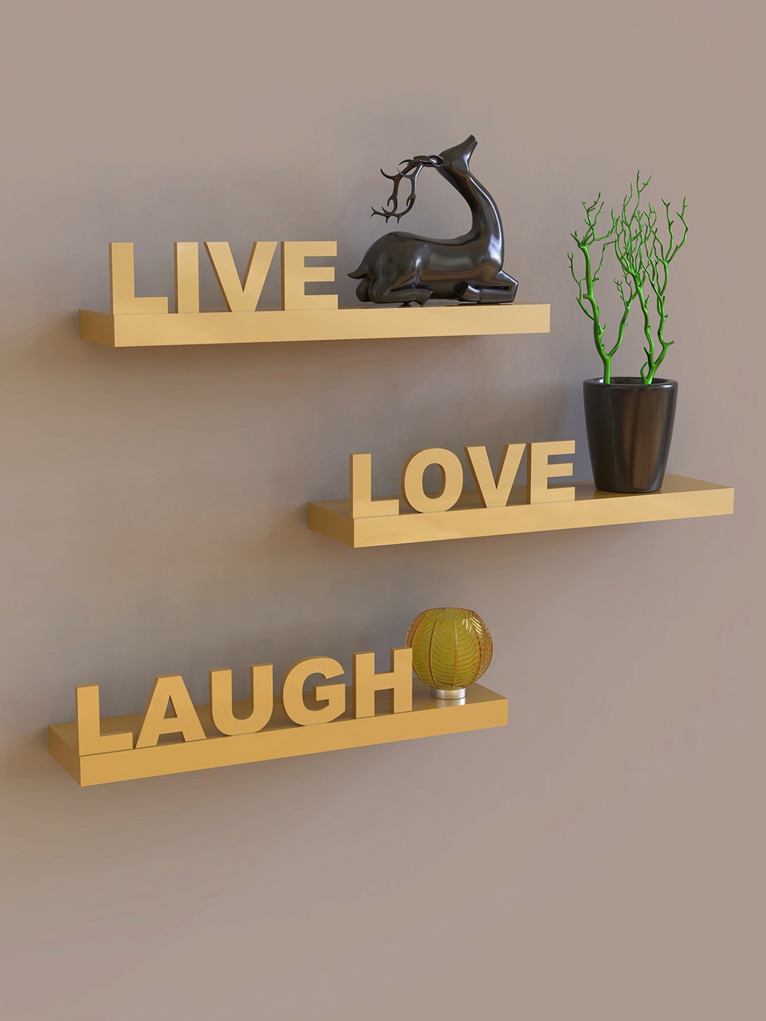 

Home Sparkle Gold-Toned Solid Decorative "Live" "Love" "Laugh" Wall Shelves