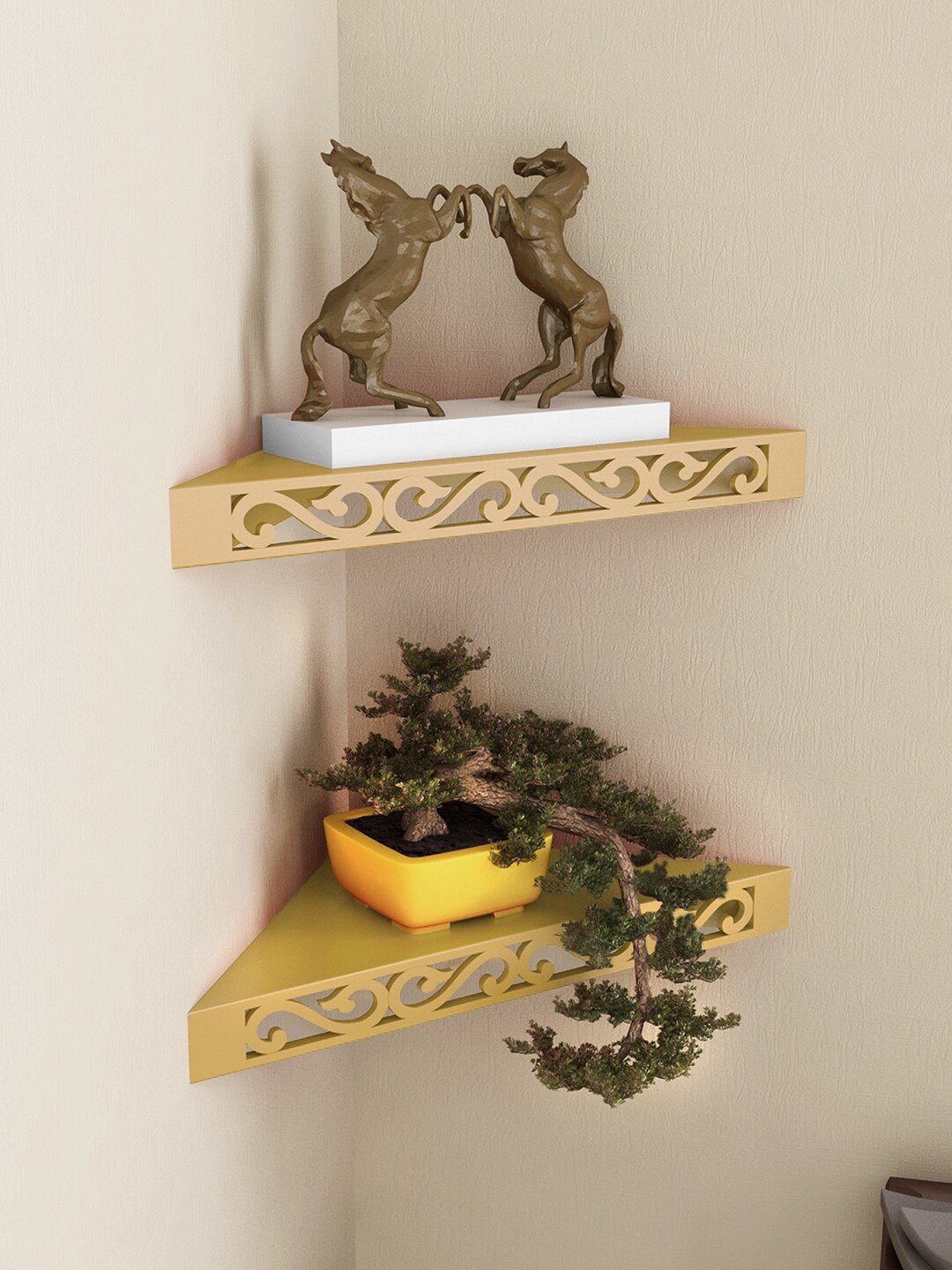 

Home Sparkle Gold-Toned Set of 2 Engineered Wood Corner Wall Shelf