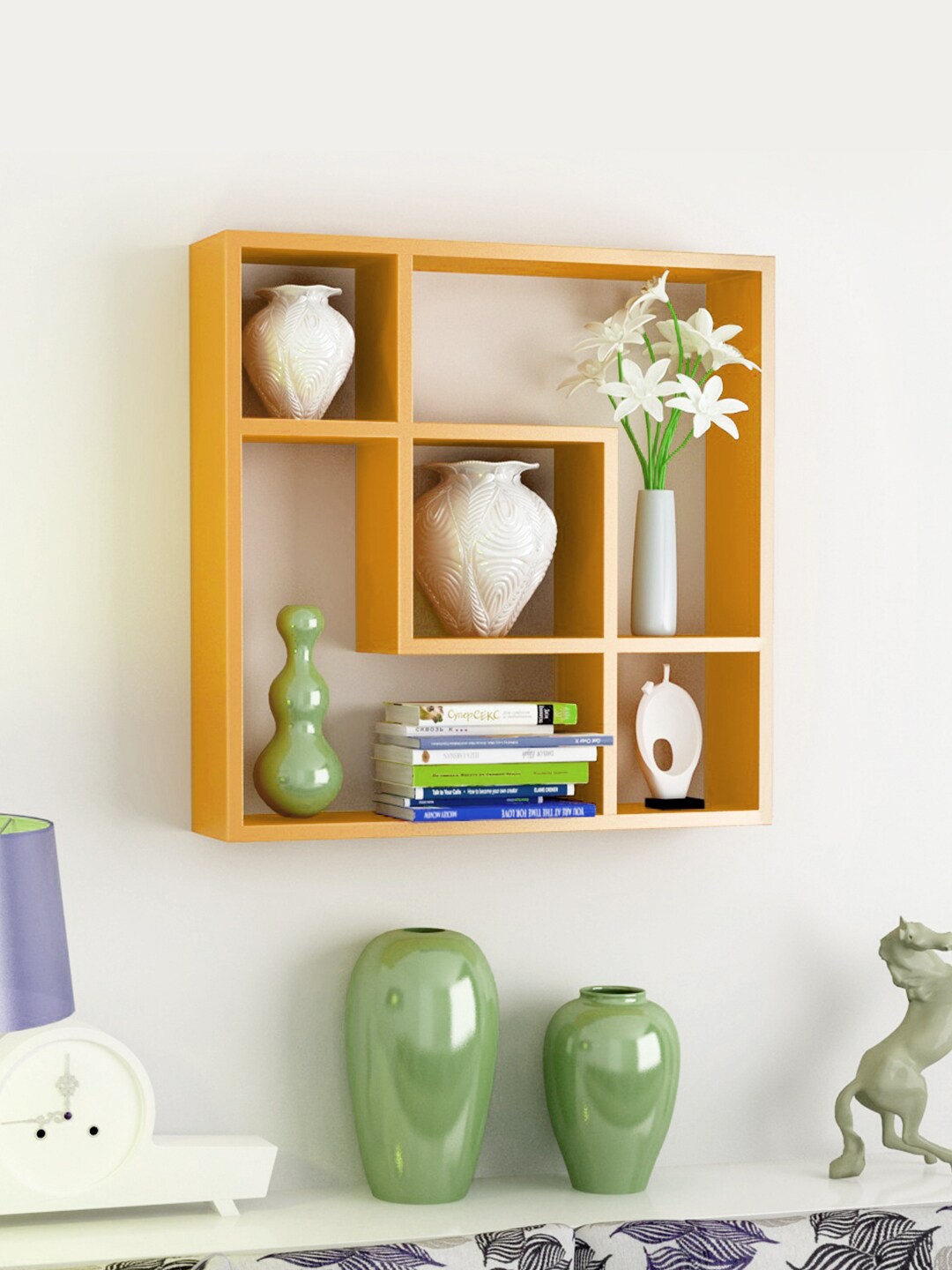 

Home Sparkle Gold-Toned Wood Floating Shelf