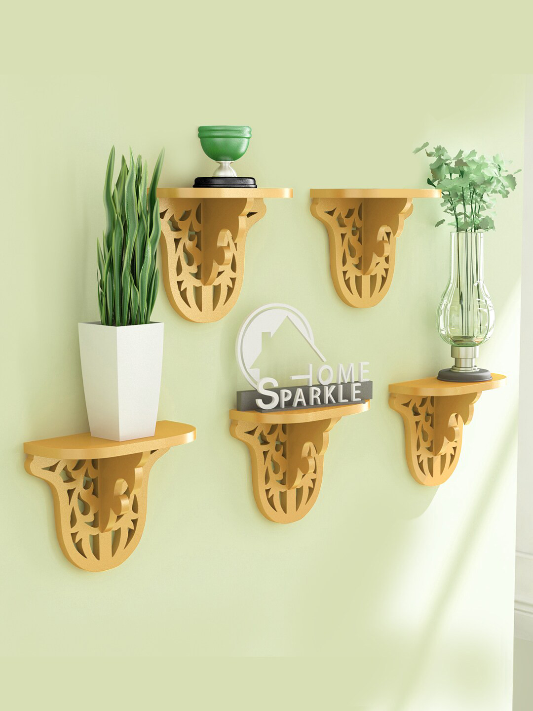 

Home Sparkle Set of 5 Gold-Toned Wood Wall Mounted Floating Wall Shelves