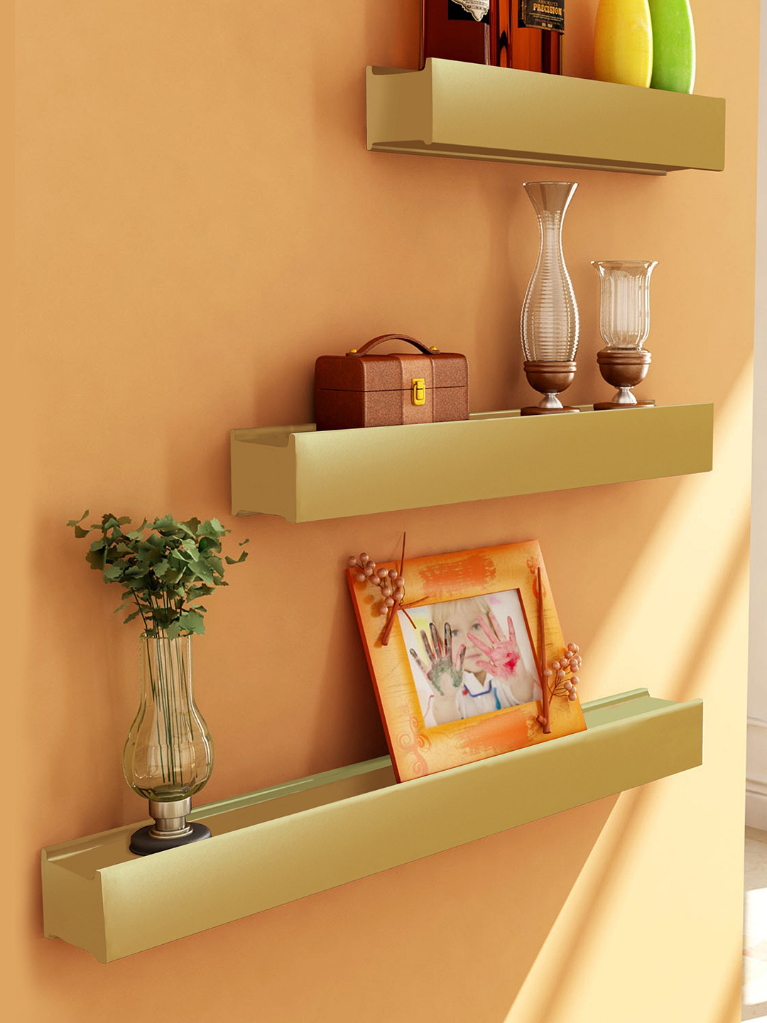 

Home Sparkle Set of 3 Gold-Toned Wooden Wall Shelves With Large Storage
