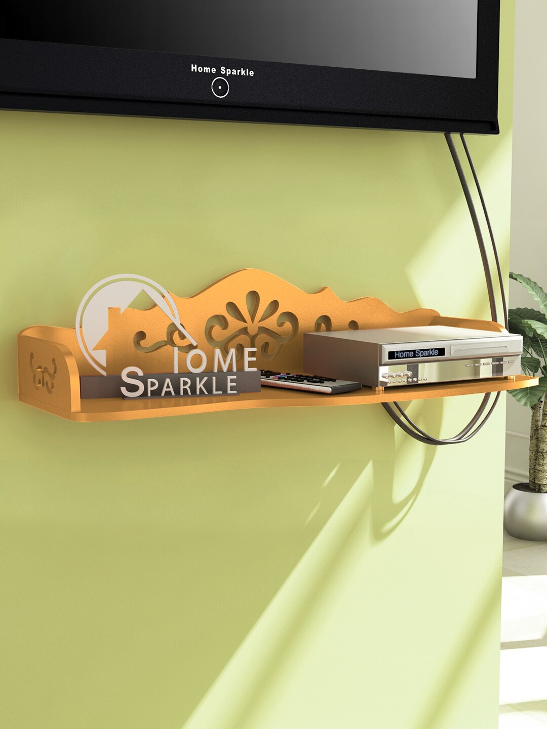 

Home Sparkle Gold-Toned Wood Set Top Box Holder & WiFi-Modem Holder Wall Shelf