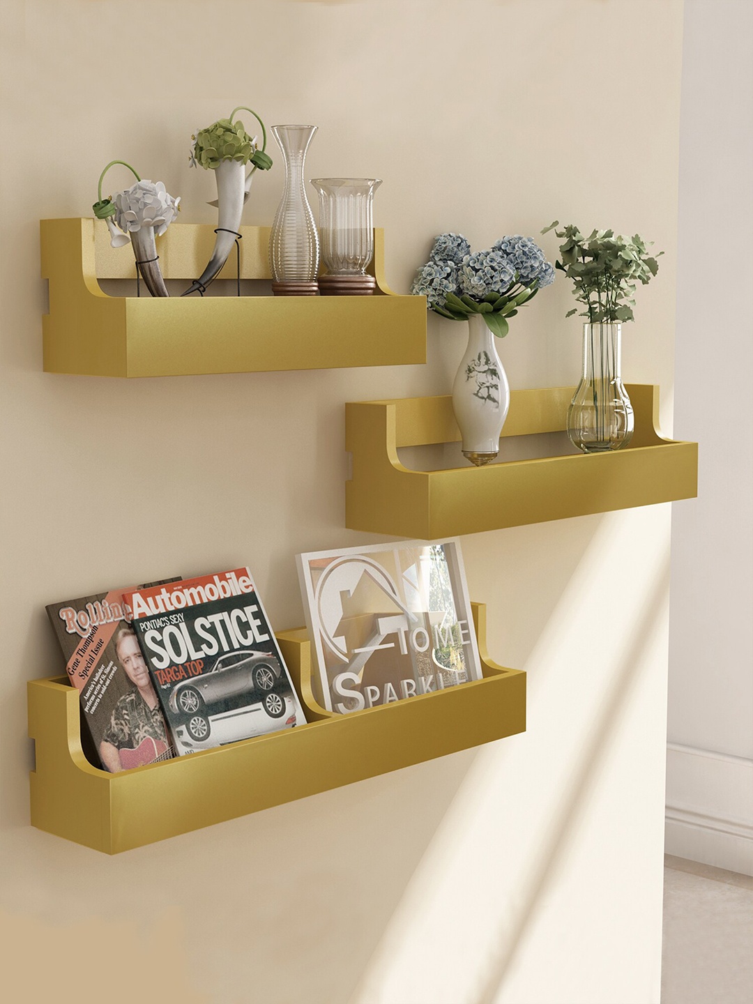 

Home Sparkle Gold-Toned Pack of 3 Wood Basic Wall Shelf