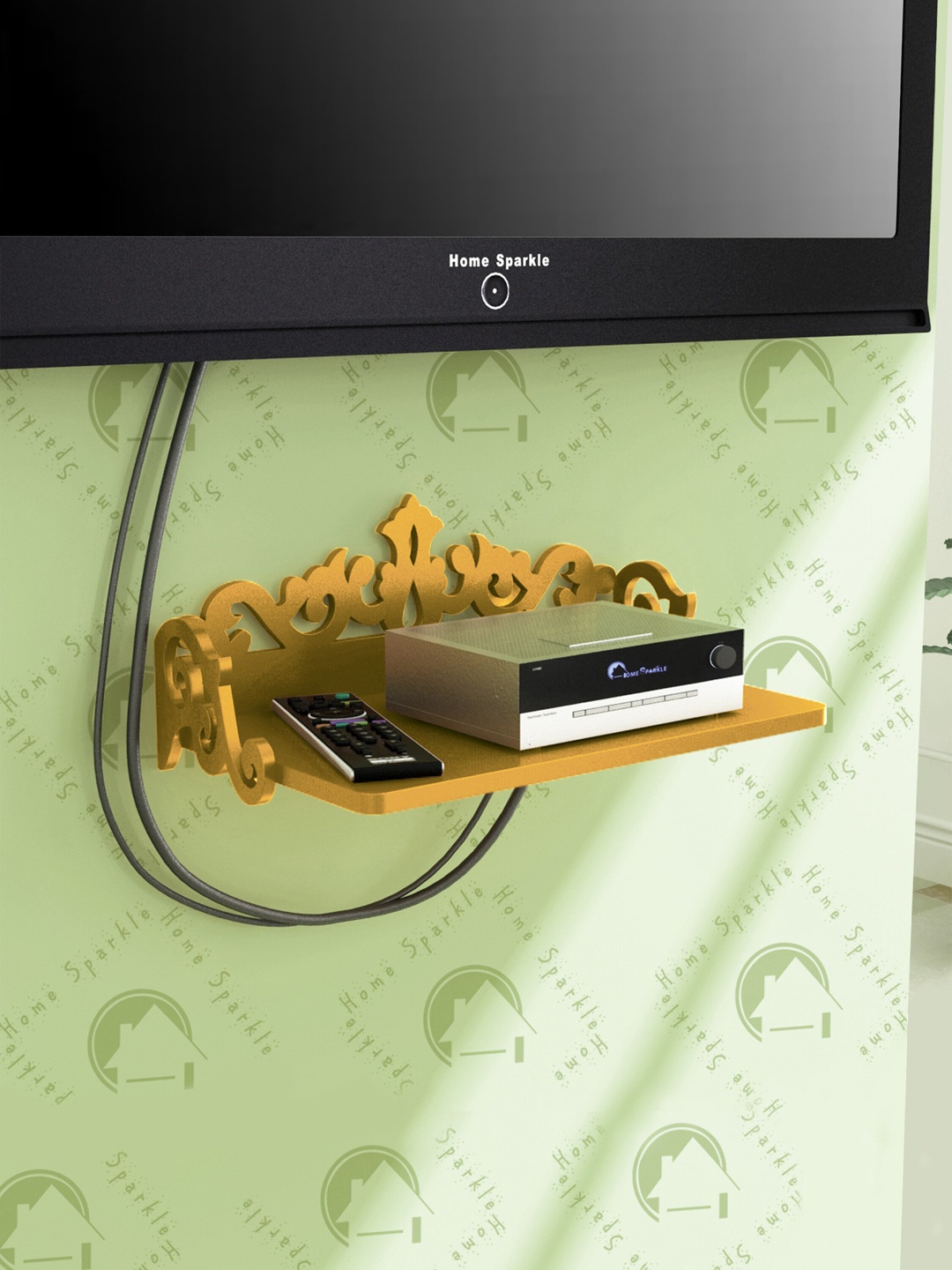 

Home Sparkle Gold-Toned Wood Wall Mount Set Top Box Holder