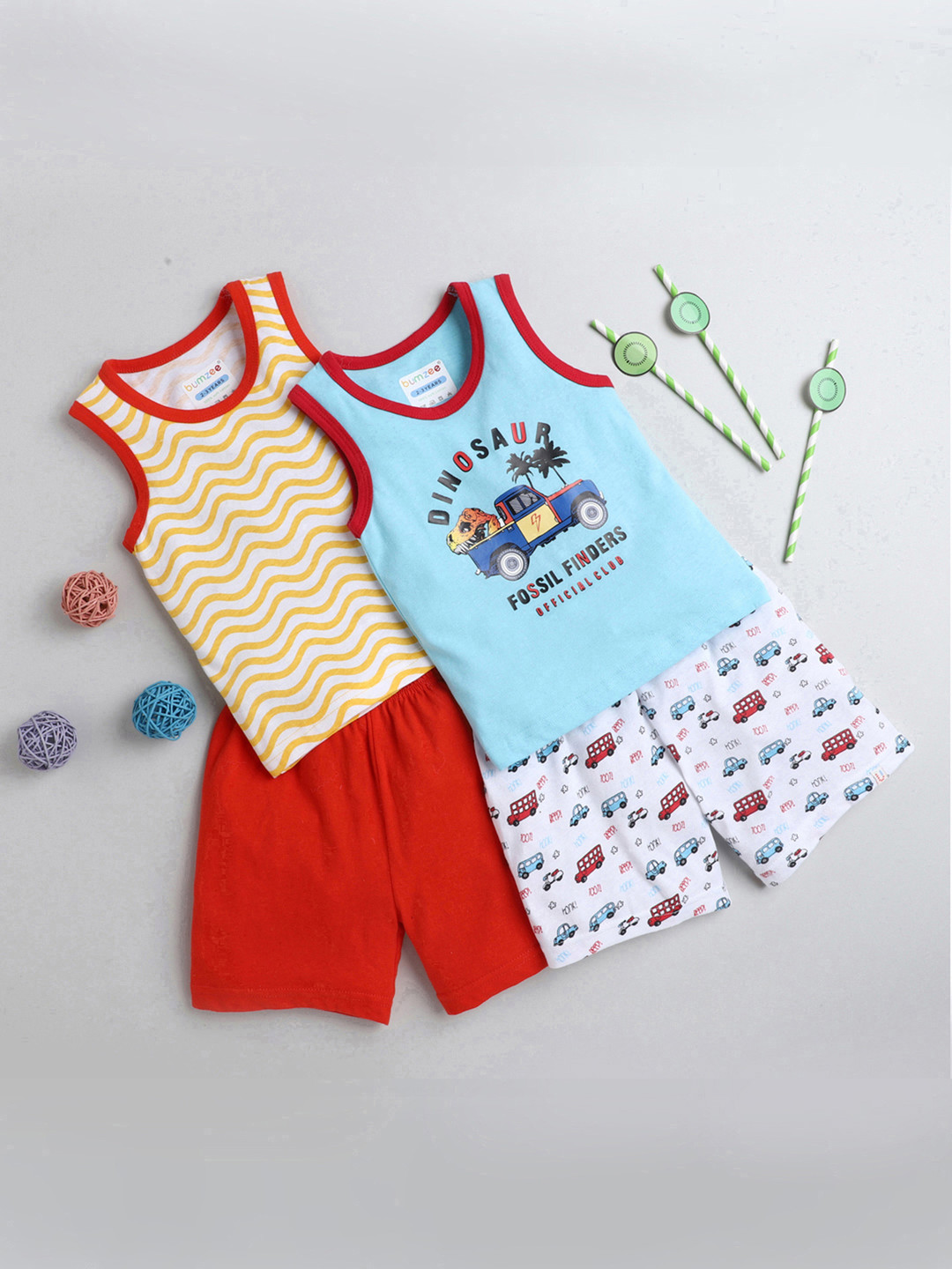 

BUMZEE Boys Multicoloured Set Of 2 Printed Pure Cotton T-shirt with Shorts, Multi