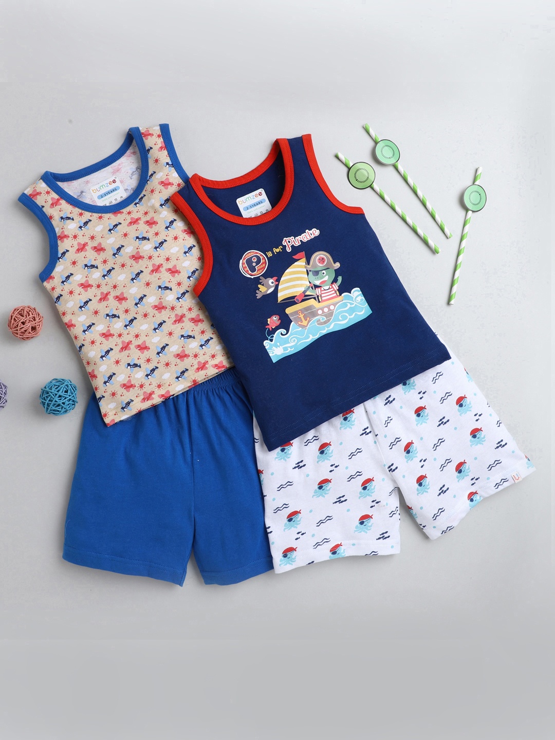 

BUMZEE Boys Navy Blue & Beige Set Of 2 Printed T-shirt with Shorts