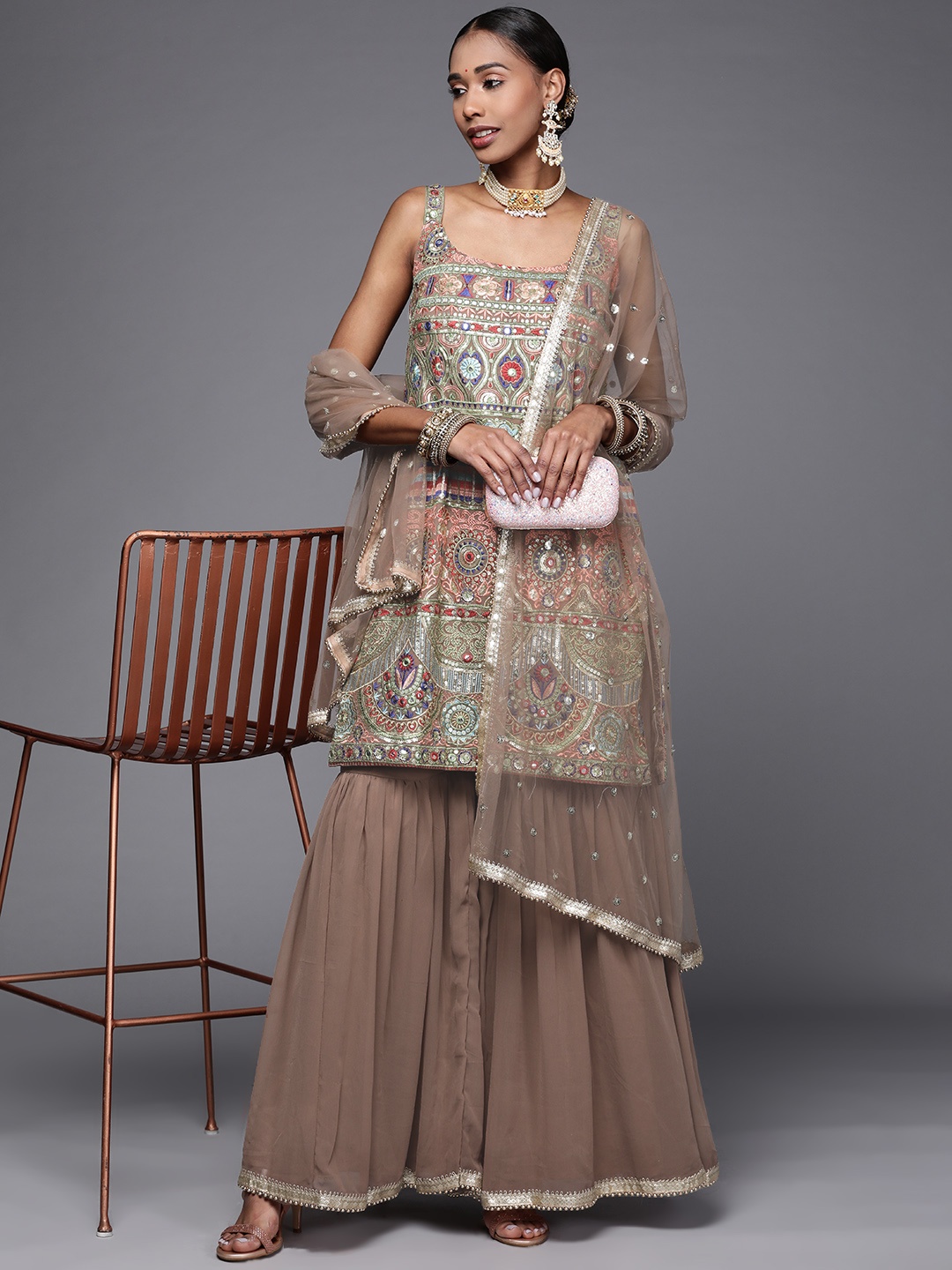 Chhabra 555 Women Camel Brown Floral Embroidered Thread Work Kurta with Sharara & Dupatta