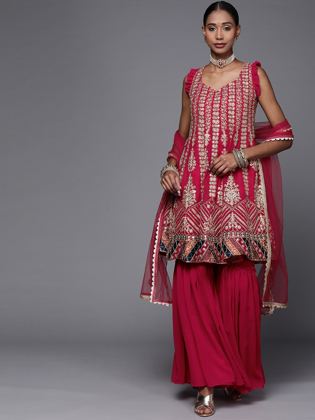

Chhabra 555 Women Magenta Floral Embroidered Empire Kurta with Sharara & Dupatta