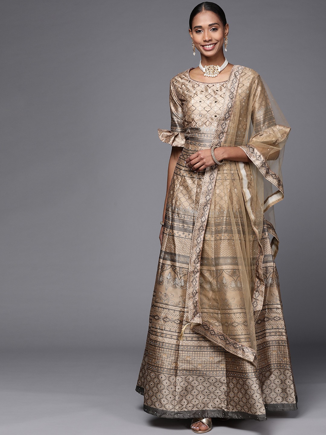 

Chhabra 555 Beige Satin Maxi Made to Measure Maxi Dress With Dupatta