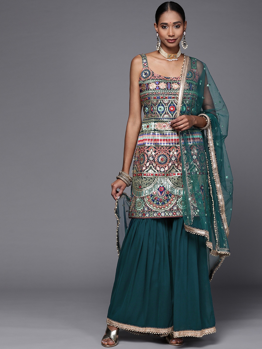 

Chhabra 555 Women Teal Green Floral Embroidered Thread Work Kurta with Sharara & Dupatta