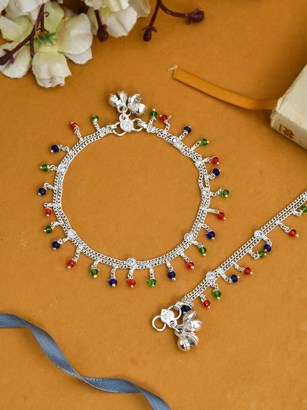 

Set Of 2 Silvermerc Designs Silver-Plated Green & Red Beaded Anklet