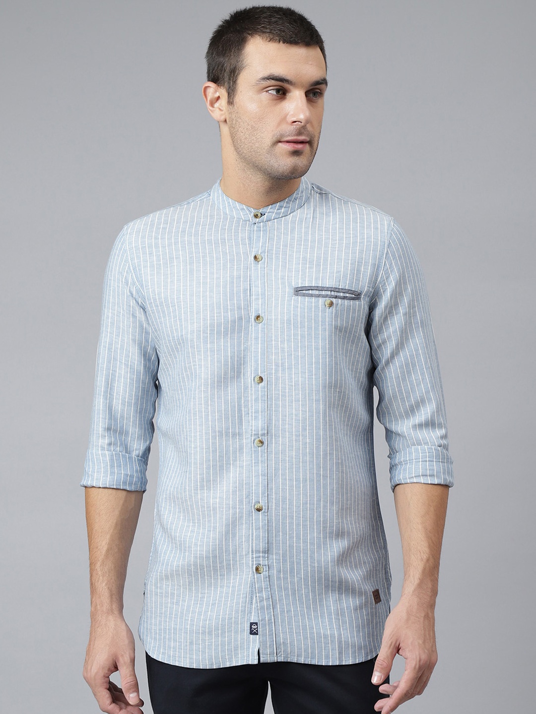 

Thomas Scott Men Blue Striped Casual Linen Sustainable Shirt