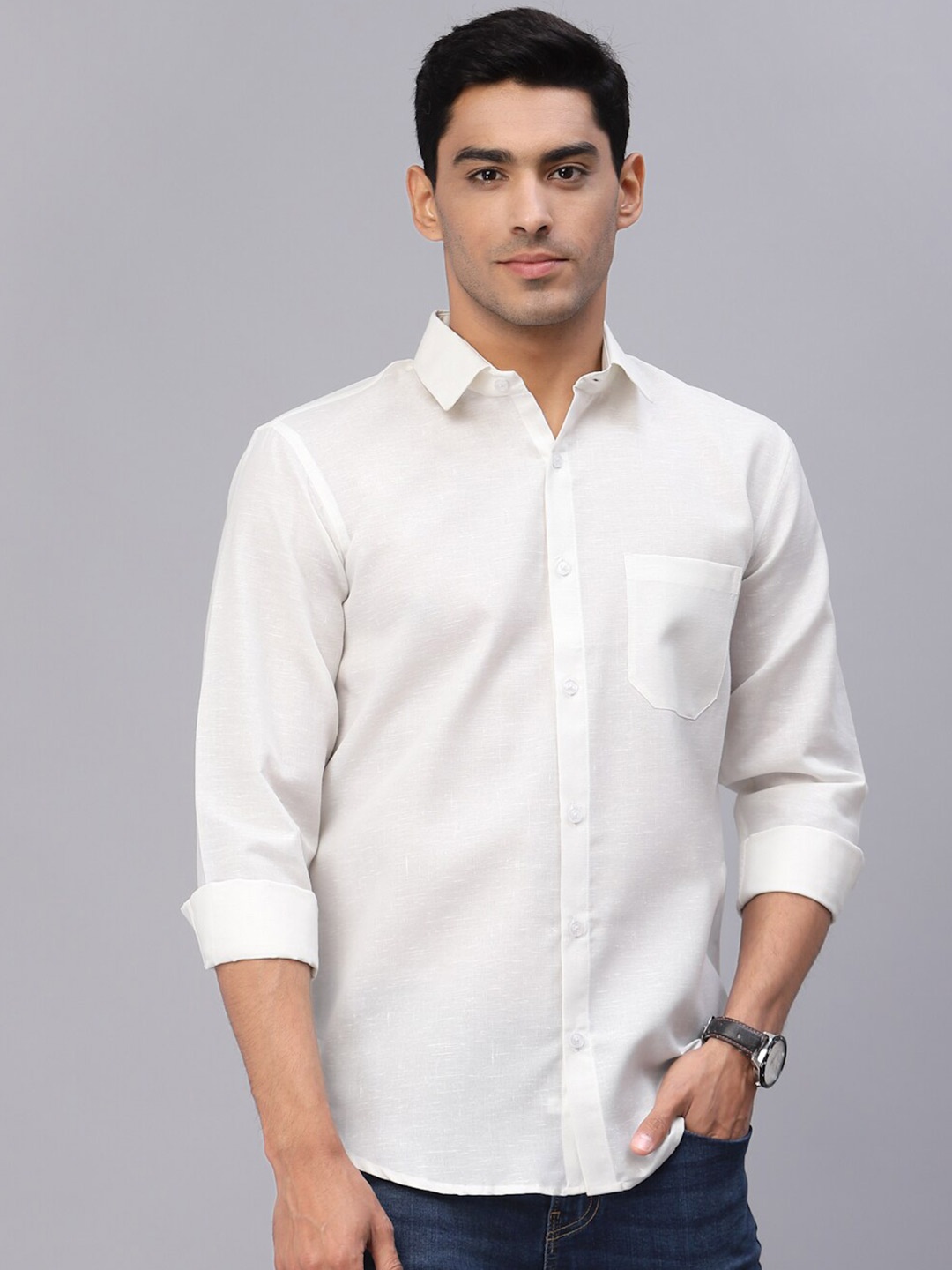 

NEUDIS Men White Classic Solid Cotton Casual Shirt