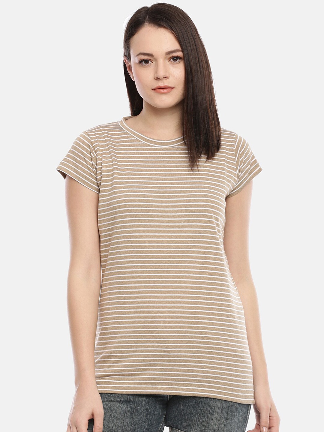 

GOLDSTROMS Women Khaki Striped Cotton T-shirt