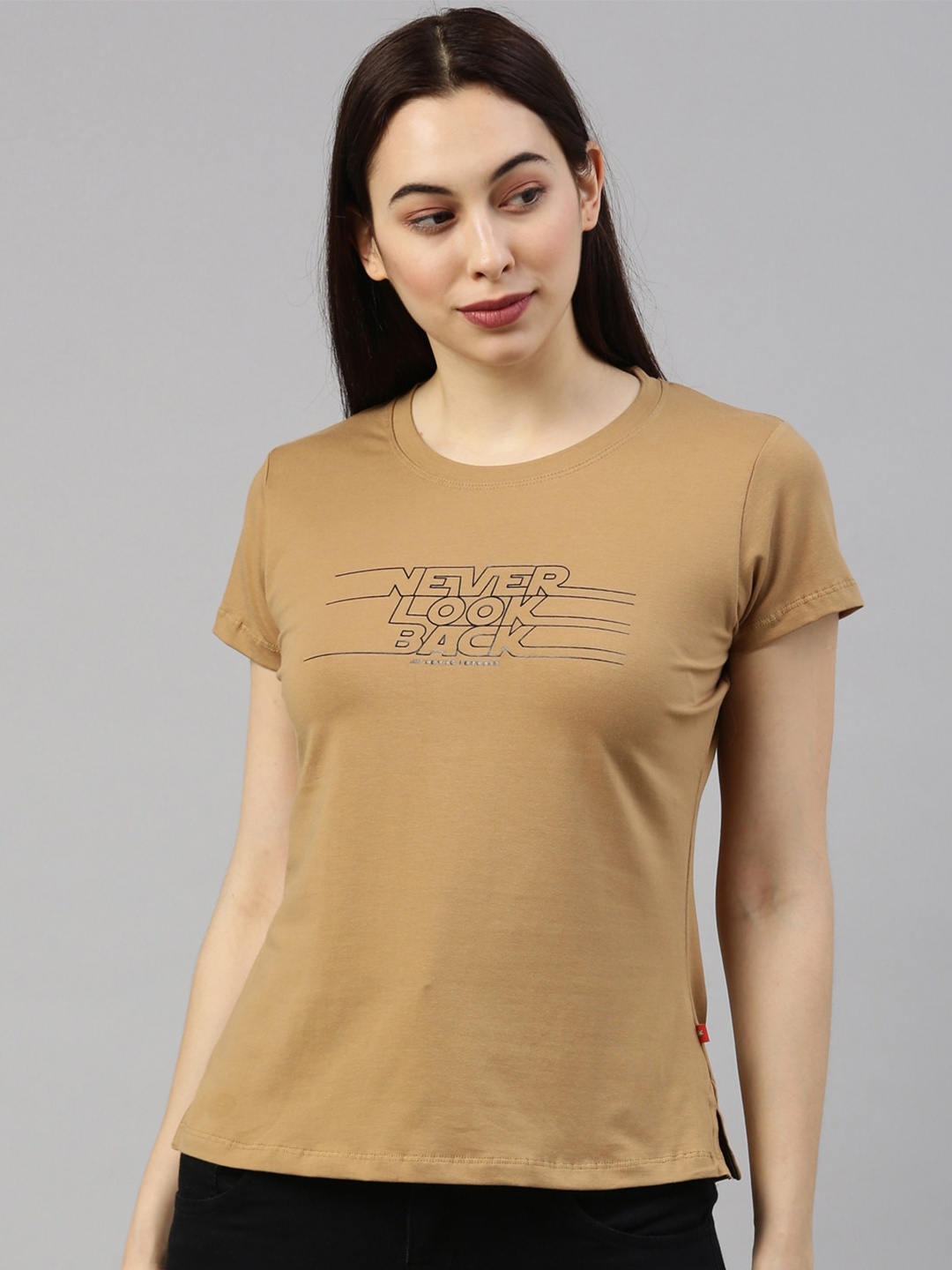 

GOLDSTROMS Women Khaki Typography Printed T-shirt