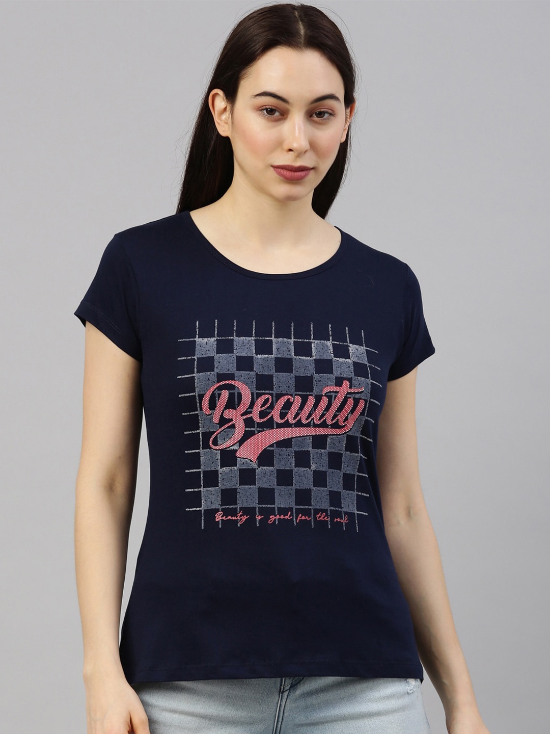 

GOLDSTROMS Women Navy Blue & Pink Typography Printed Cotton T-shirt