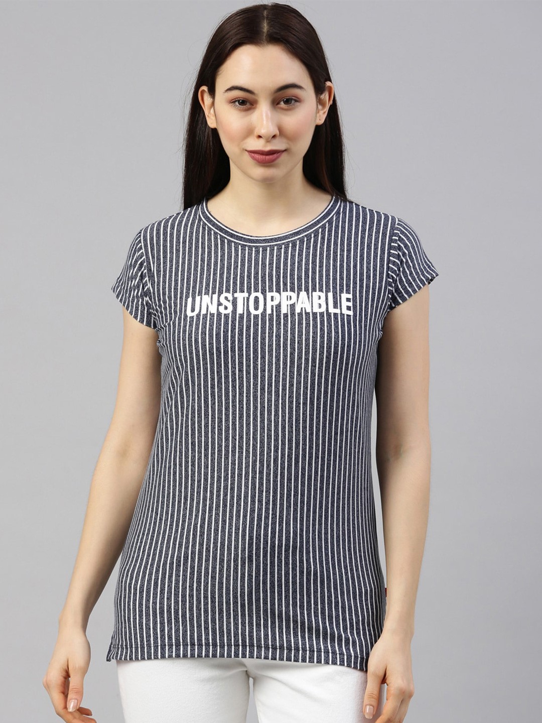 

GOLDSTROMS Women Navy Blue Striped Cotton T-shirt