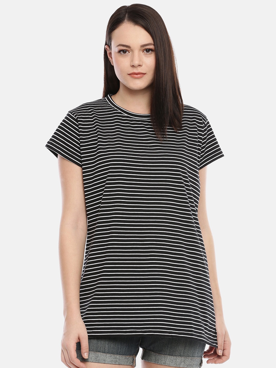 

GOLDSTROMS Women Black Striped Monochrome Cotton T-shirt