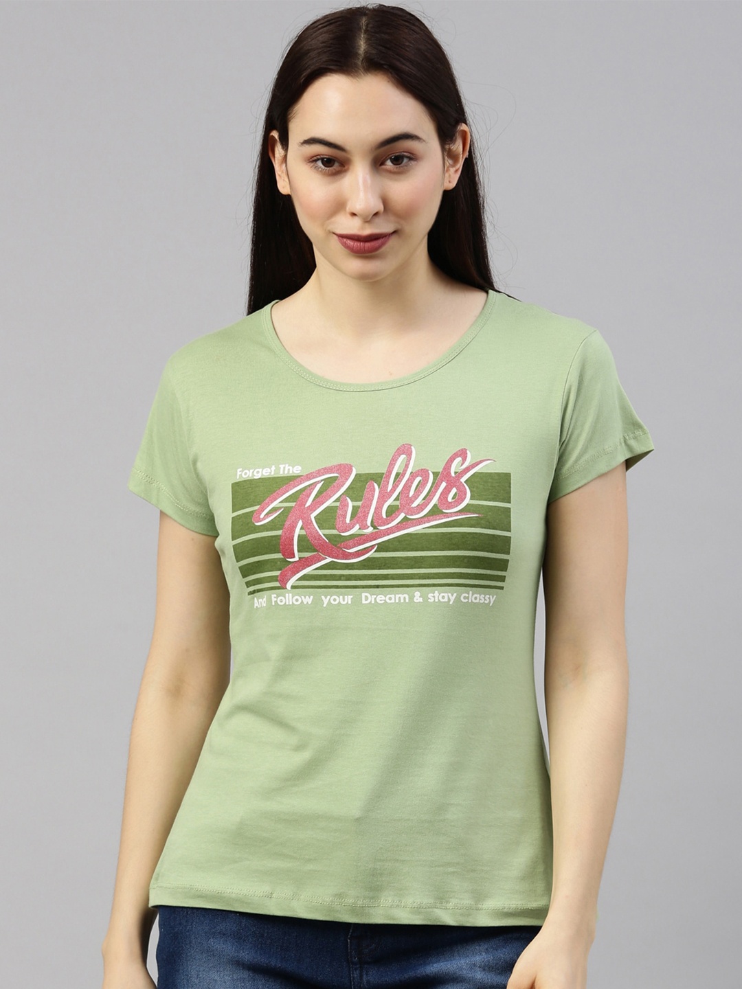 

GOLDSTROMS Women Green & Pink Typography Printed Cotton T-shirt