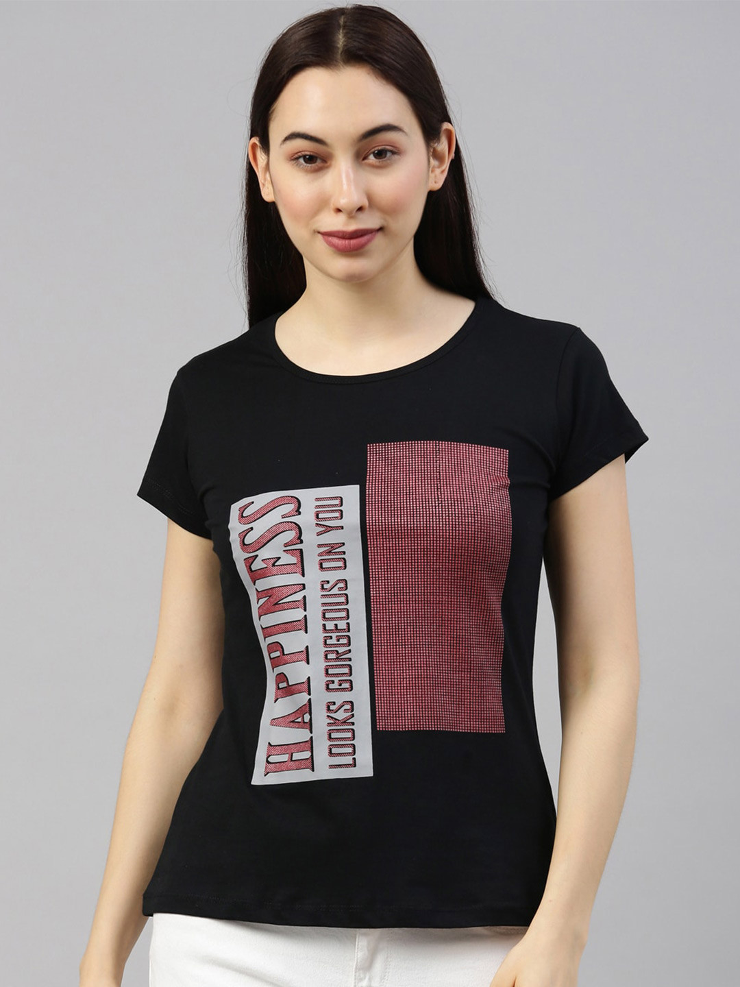 

GOLDSTROMS Women Black & Red Typography Printed Cotton T-shirt