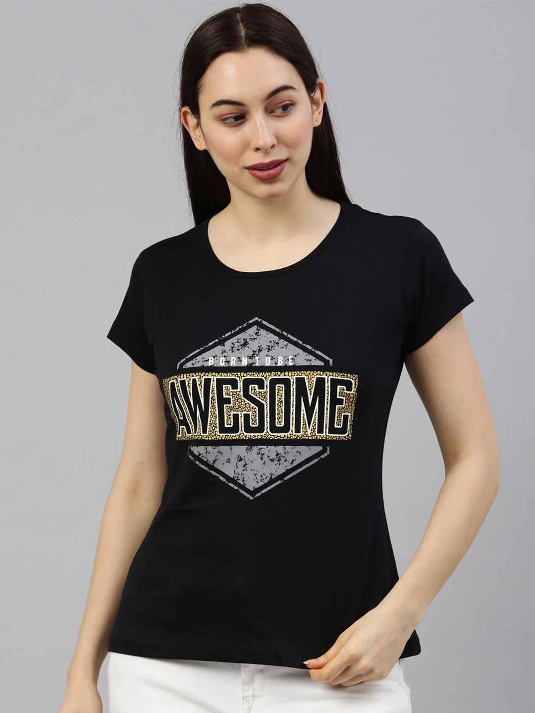 

GOLDSTROMS Women Black & Yellow Typography Printed Cotton T-shirt