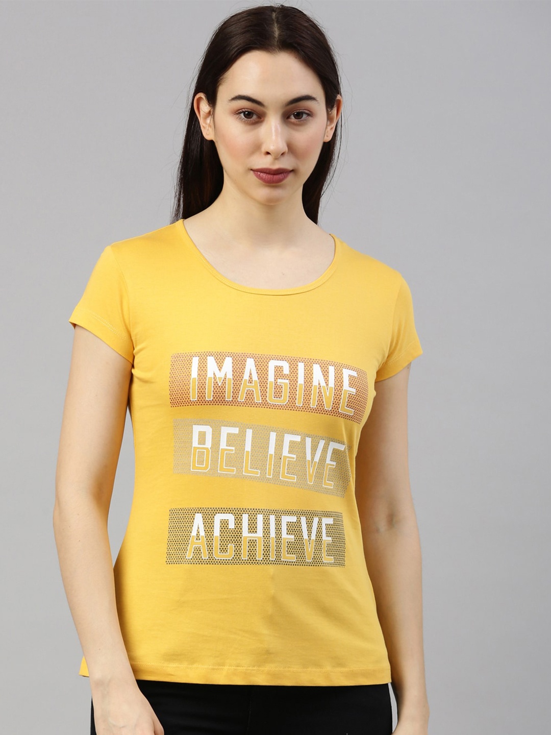 

GOLDSTROMS Women Mustard Yellow Typography Printed Cotton T-shirt