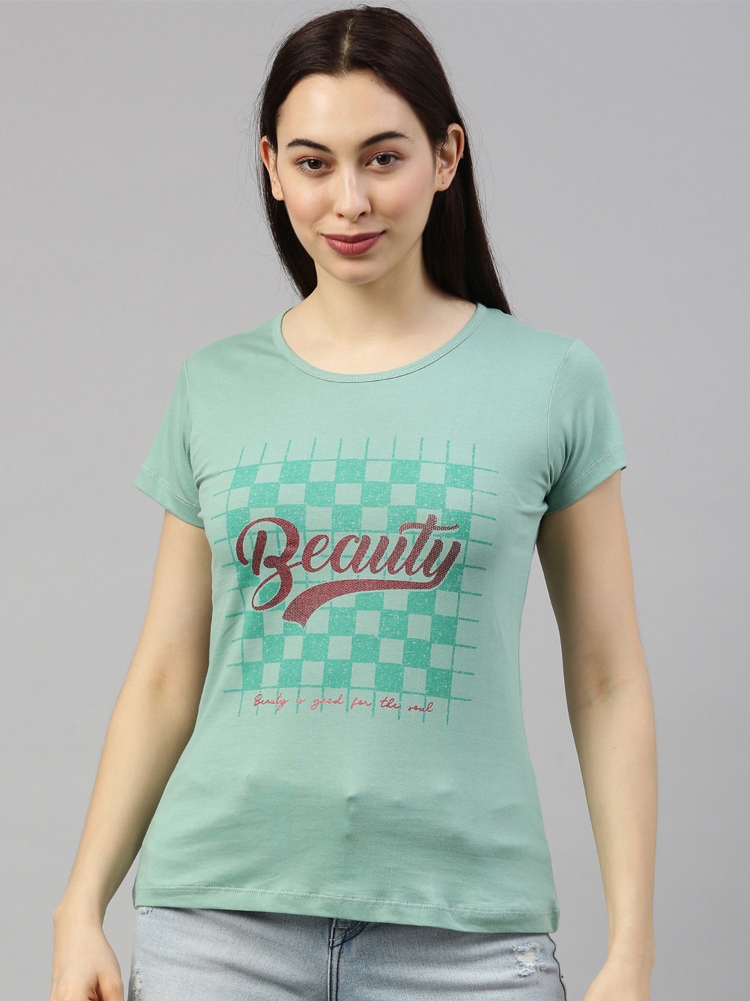 

GOLDSTROMS Women Sea Green Typography Printed Cotton T-shirt
