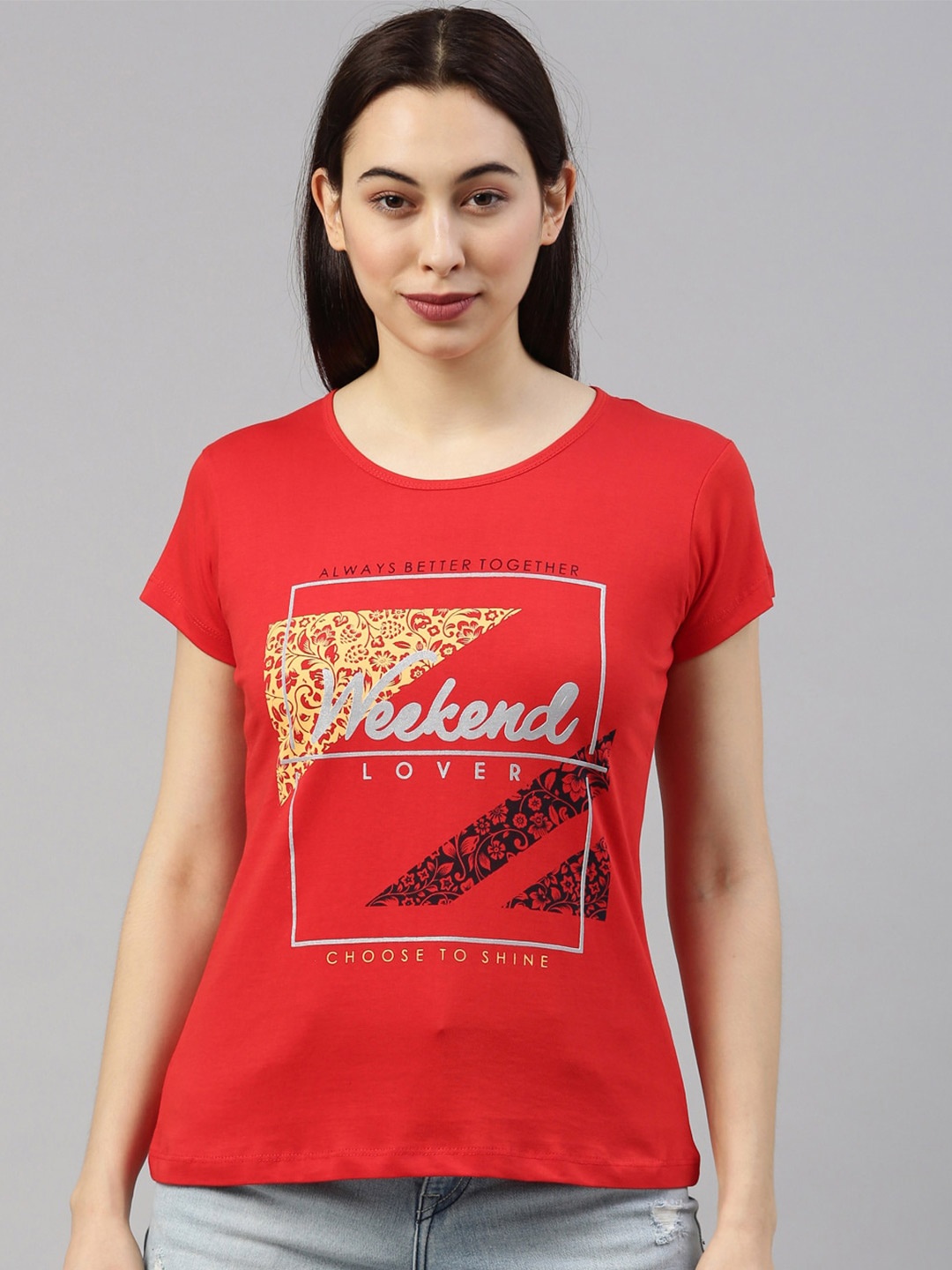 

GOLDSTROMS Women Red Typography Printed Cotton T-shirt