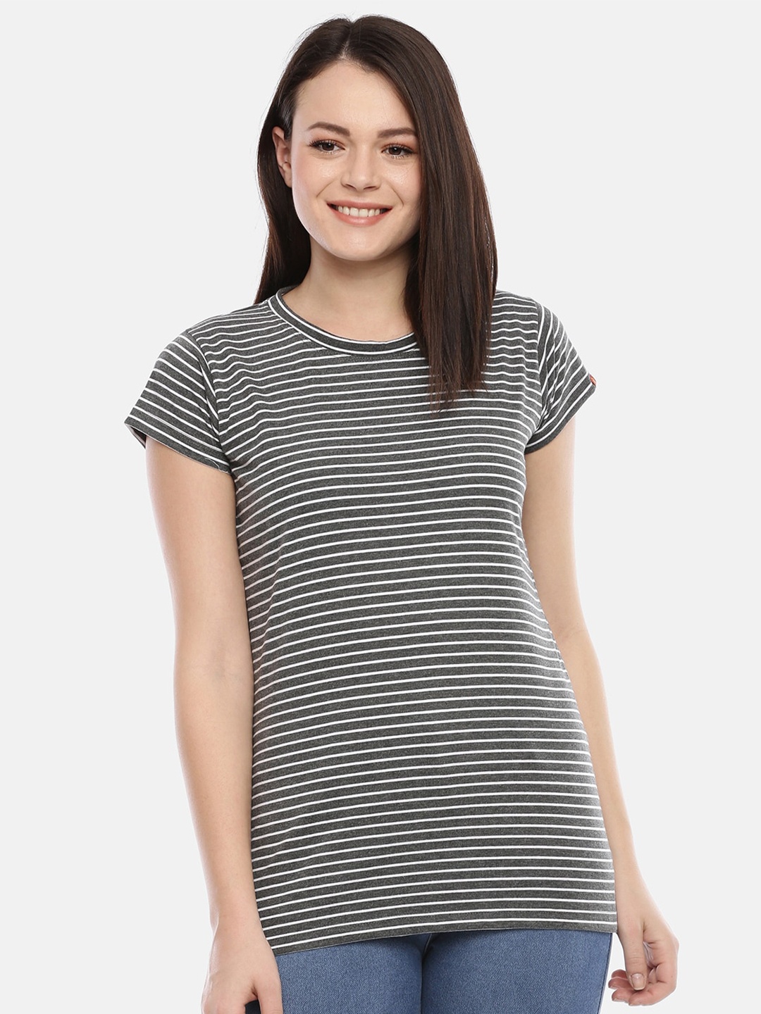 

GOLDSTROMS Women Charcoal & White Striped Cotton T-shirt