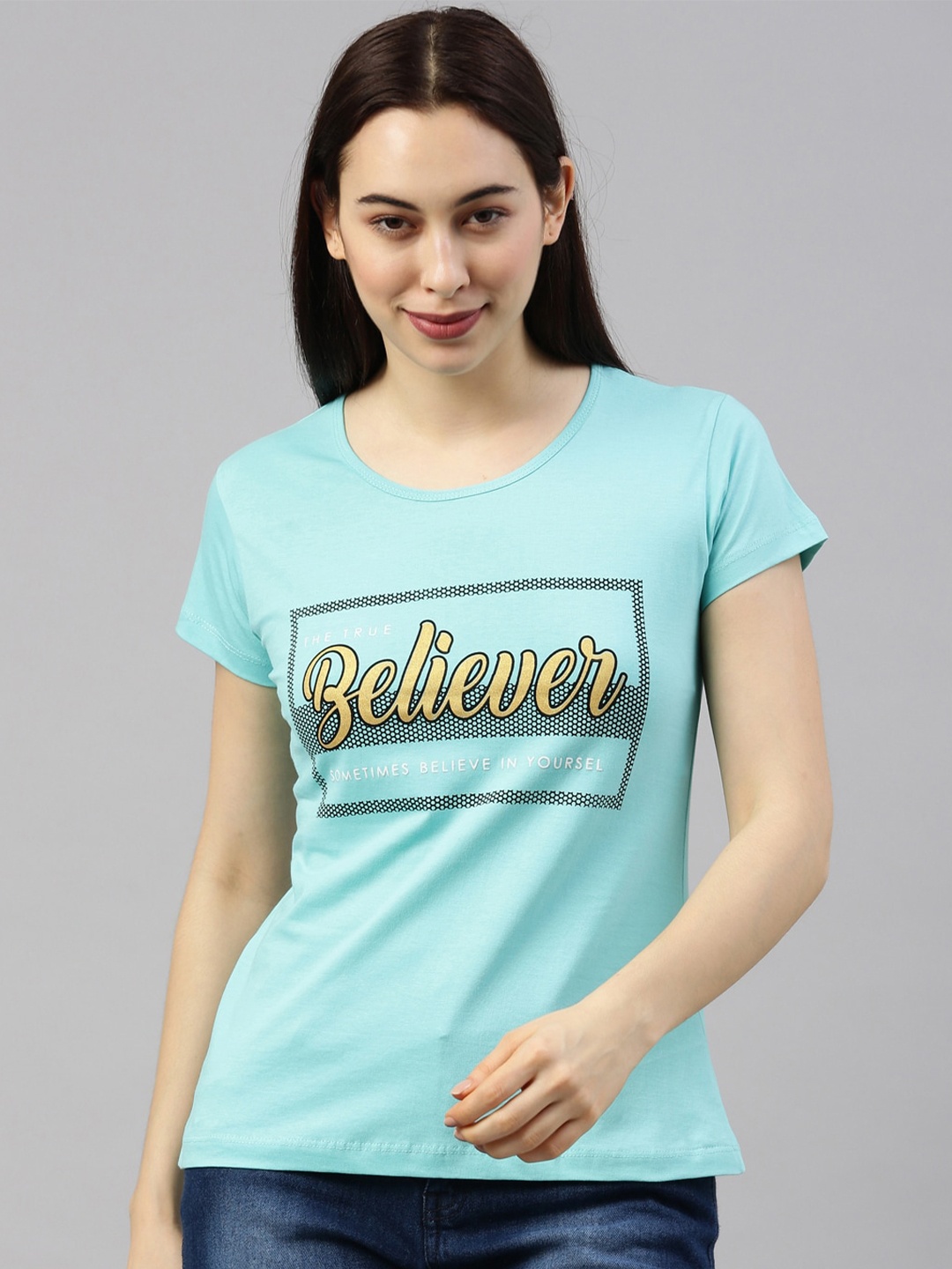 

GOLDSTROMS Women Blue & Yellow Typography Printed Cotton T-shirt