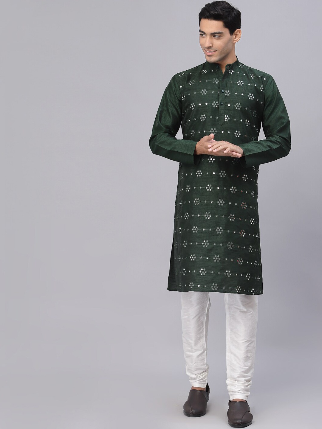 

NEUDIS Men Green Mirror Work Dupion Silk Kurta with Churidar