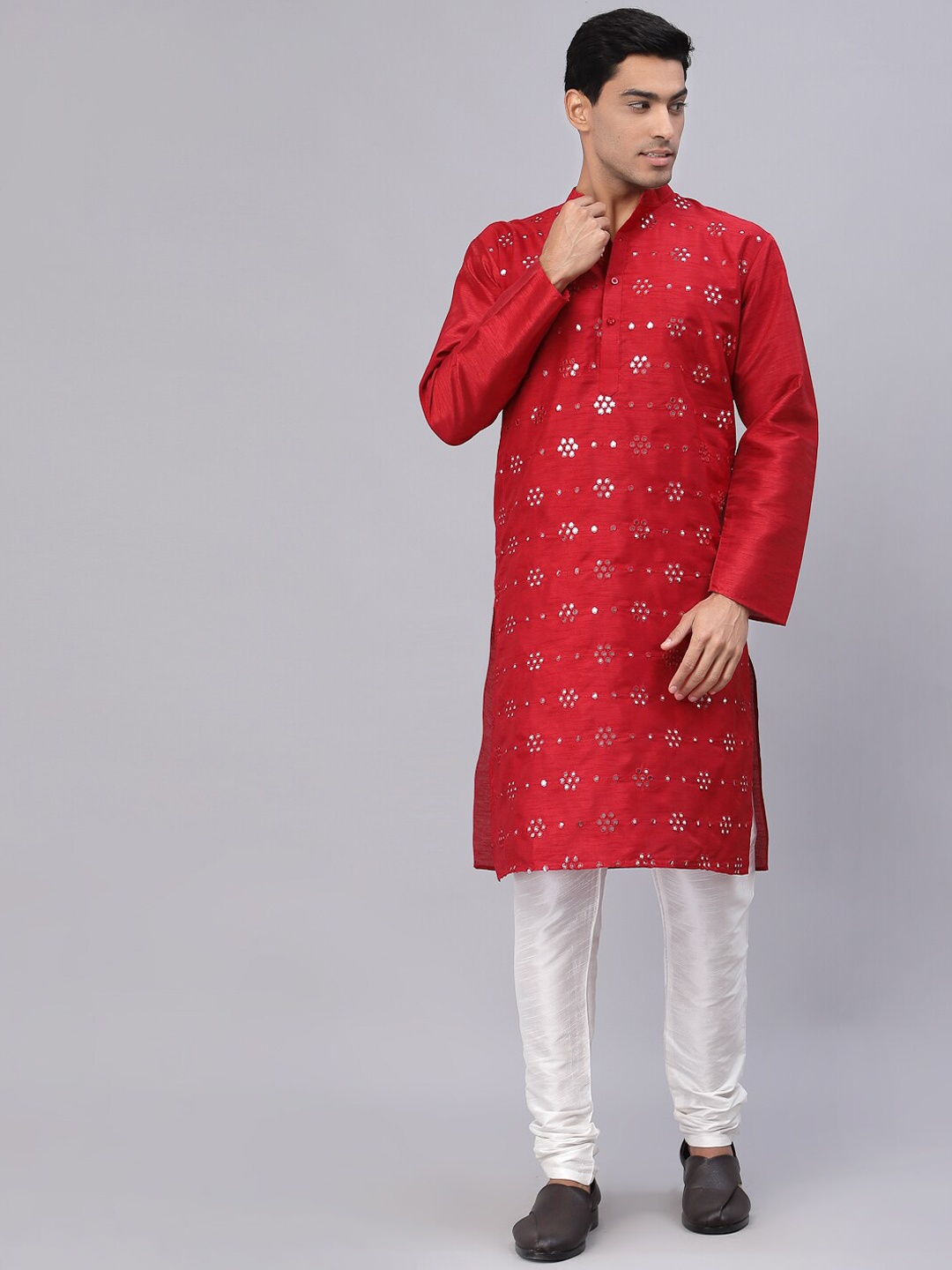 

NEUDIS Men Maroon Dupion Silk Mirrow Work Straight Kurta