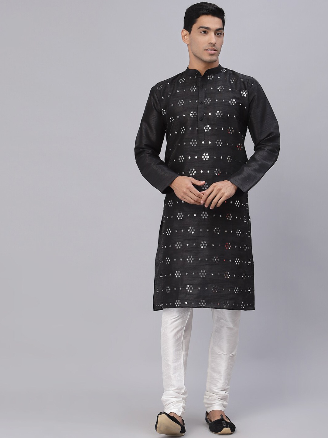 

NEUDIS Men Black Dupion Silk Mirrow Work Straight Kurta