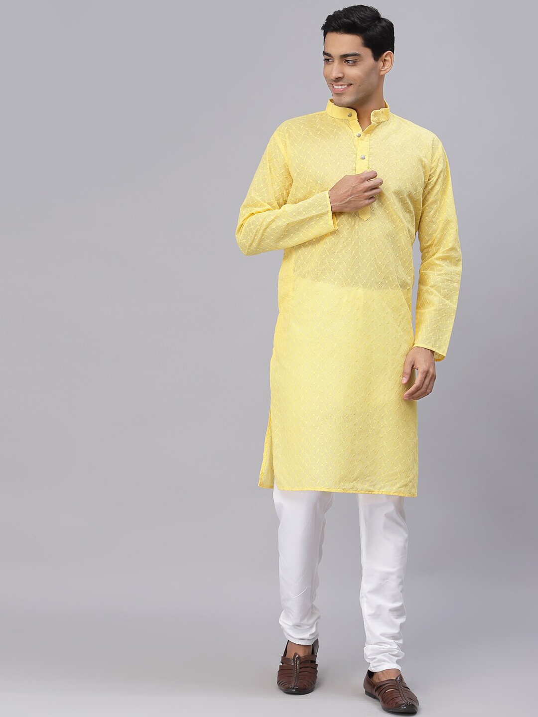 

NEUDIS Men Yellow Cotton Chikankari Straight Kurta & Churidaar Set